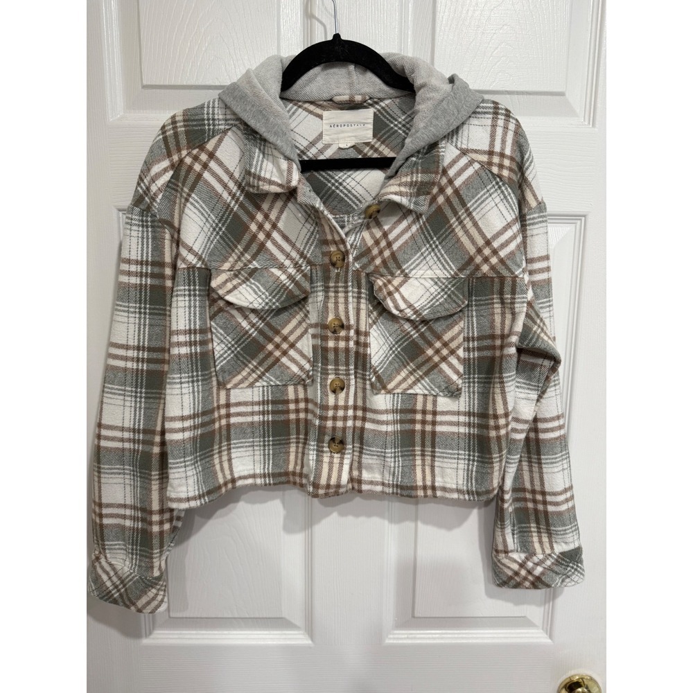 Aeropostale Womens Plaid Cropped Flannel Hooded Shacket Green Brown Large